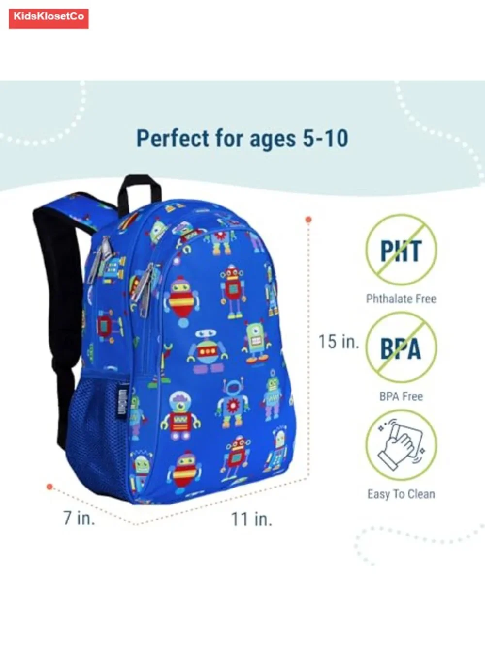 15 Inch Backpack for Elementary School, Padded Straps, Water Bottle Pocket